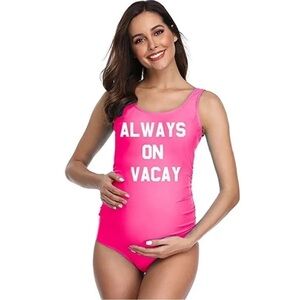 Summer Mae maternity Swimsuit Pink White One Piece “Always On Vacay” Size S